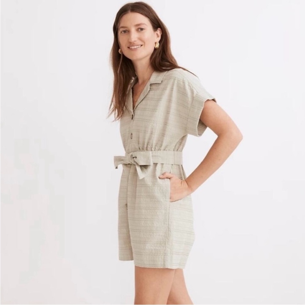 Madewell Light Sage Green Short Sleeve Belted Camp Romper